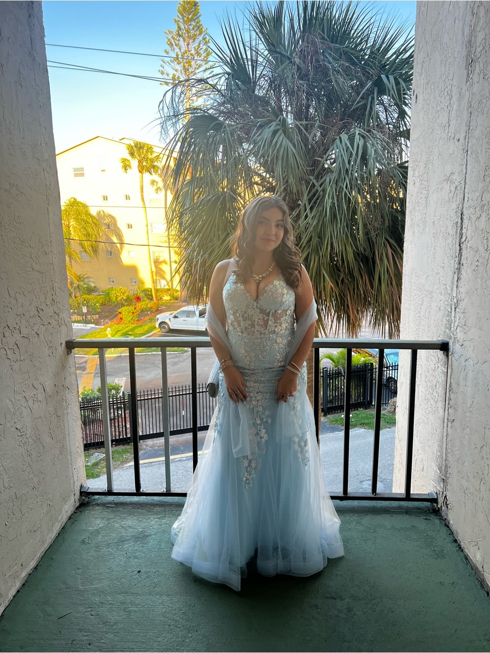 Light Blue Lace & Tulle Prom Gown with Sheer Bodice